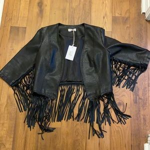 Black Faux Leather Fringe Jacket